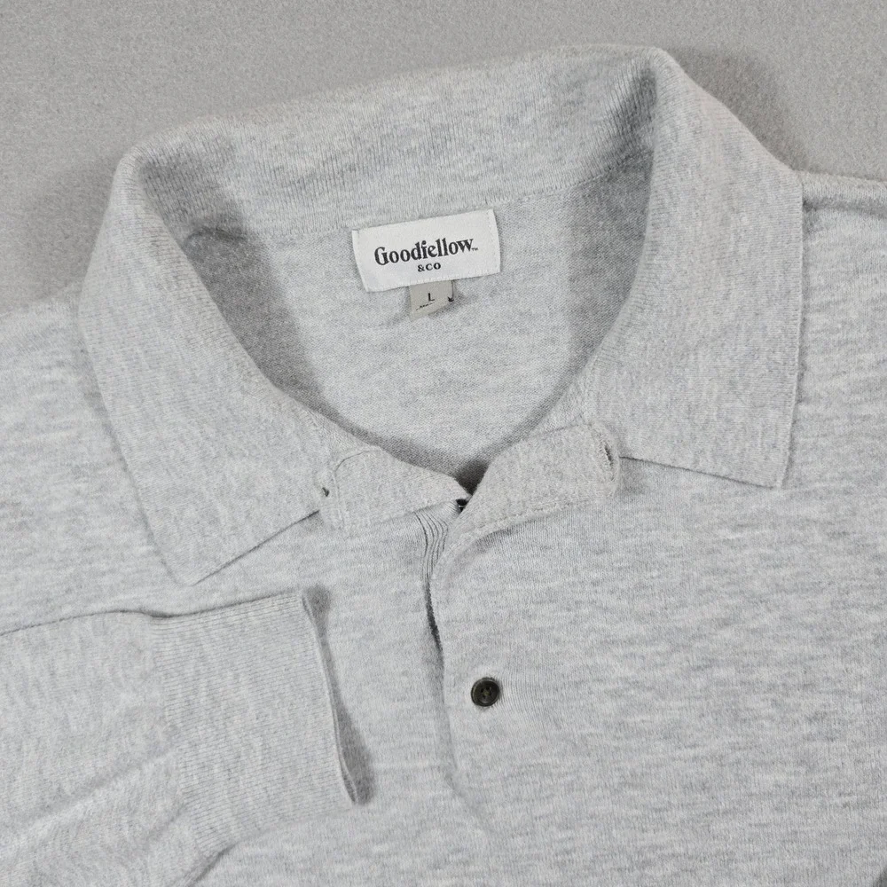 Goodfellow Mens Large Gray Polo Sweater Long Sleeve Cotton Blend Knit Casual